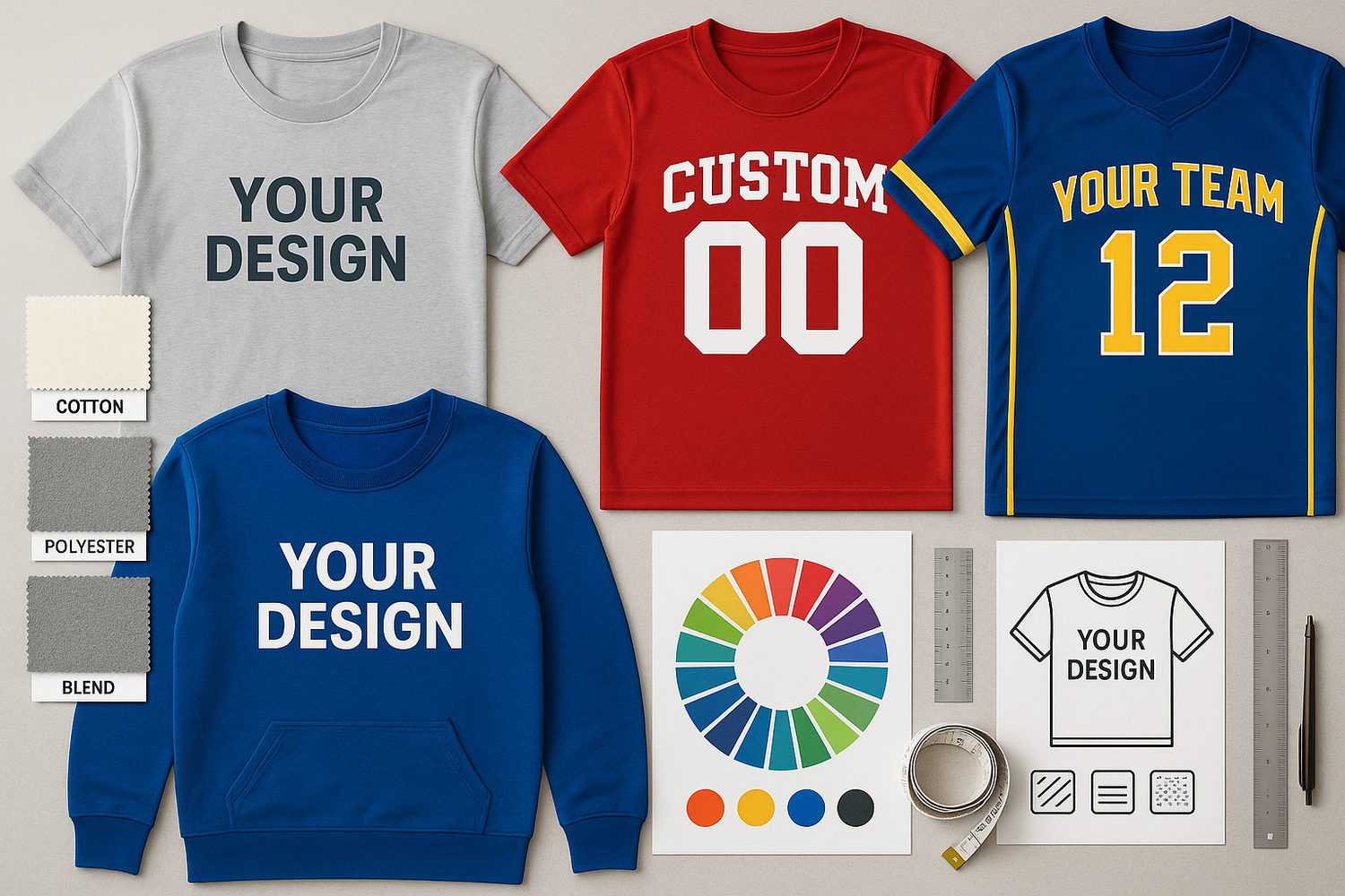 erstelle mir ein bild das zu diesem text passt: Jetzt geht es ins Detail.
Du bestimmst, auf welchem Produkt dein Design umgesetzt wird – egal ob Alltagskleidung, Sporttrikots oder spezielle Vereinskleidung.

Du hast die Wahl:

Materialien: Baumwolle, Polyester oder Kombinationen

Kleidungsstück: Vom T-Shirt bis zum kompletten Trikotsatz